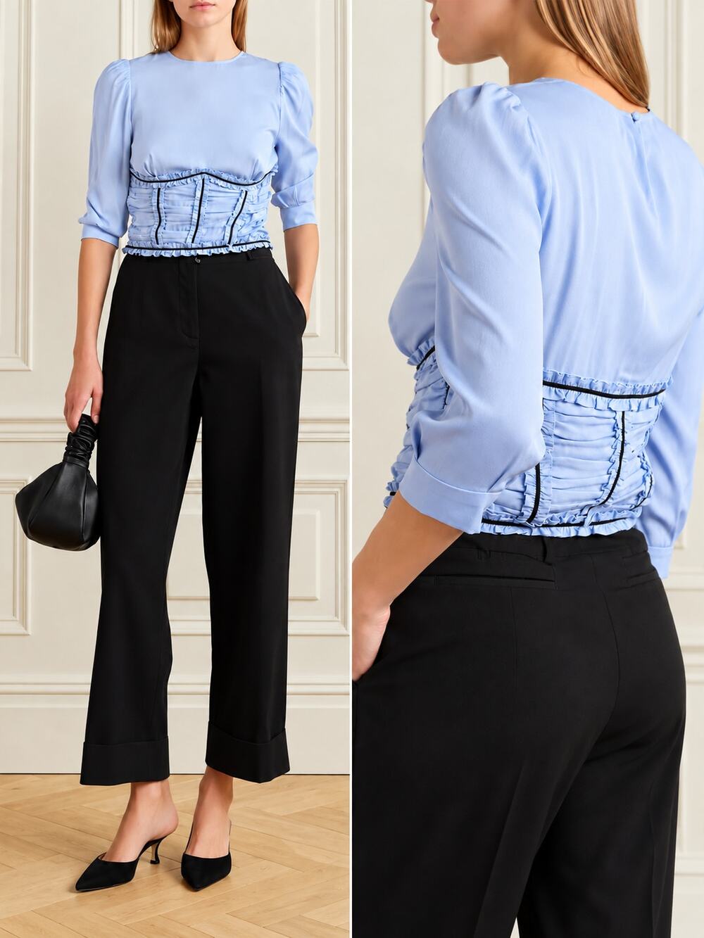 fleur du mal Love Bound Ruched Stretch Silk Top Ruffle Puff Sleeve Corset Blouse